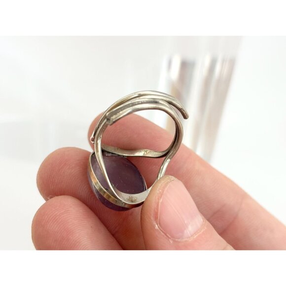 Domed Amethyst Semi-Precious Silver Adjustable Southwest Vintage Ring - sz 8 - Picture 6 of 9